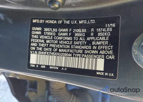 2017 Honda Civic Ex из США, поврежденный, VIN SHHFK7H5XHU209044